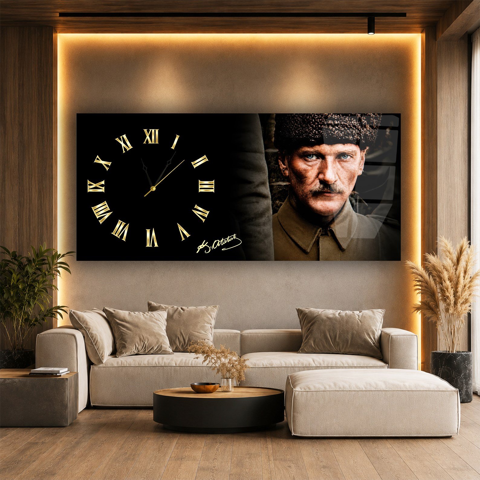 Yatay Saatli Yandan Vatan Temalı Cam Tablo 010