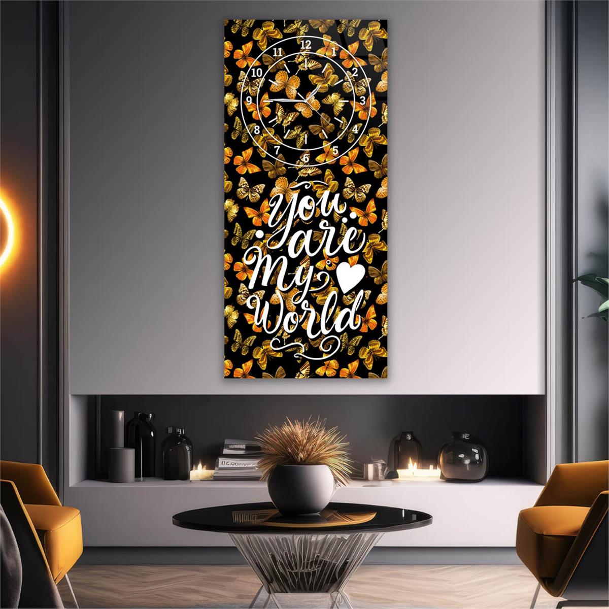 Vertical Art Themed Glass Wall Art with Clock at the Top 004