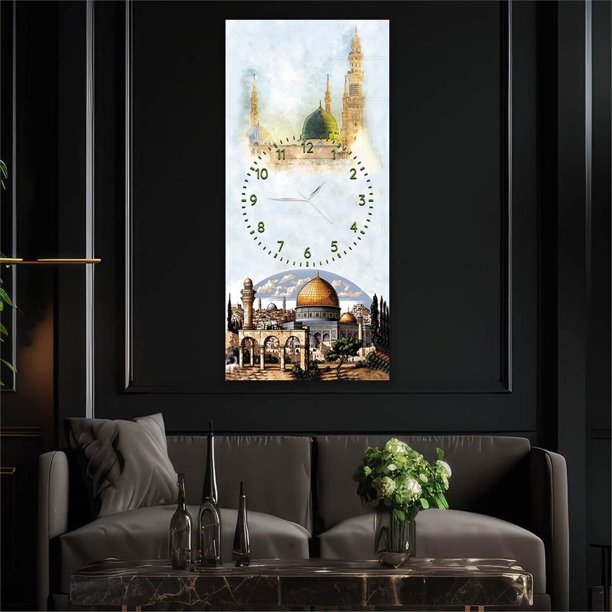 Vertical Religious Themed Glass Wall Art with Clock at the Center 003