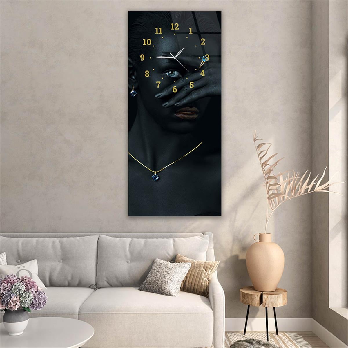 Tableau en verre à thème art et nature vertical avec horloge en haut 076