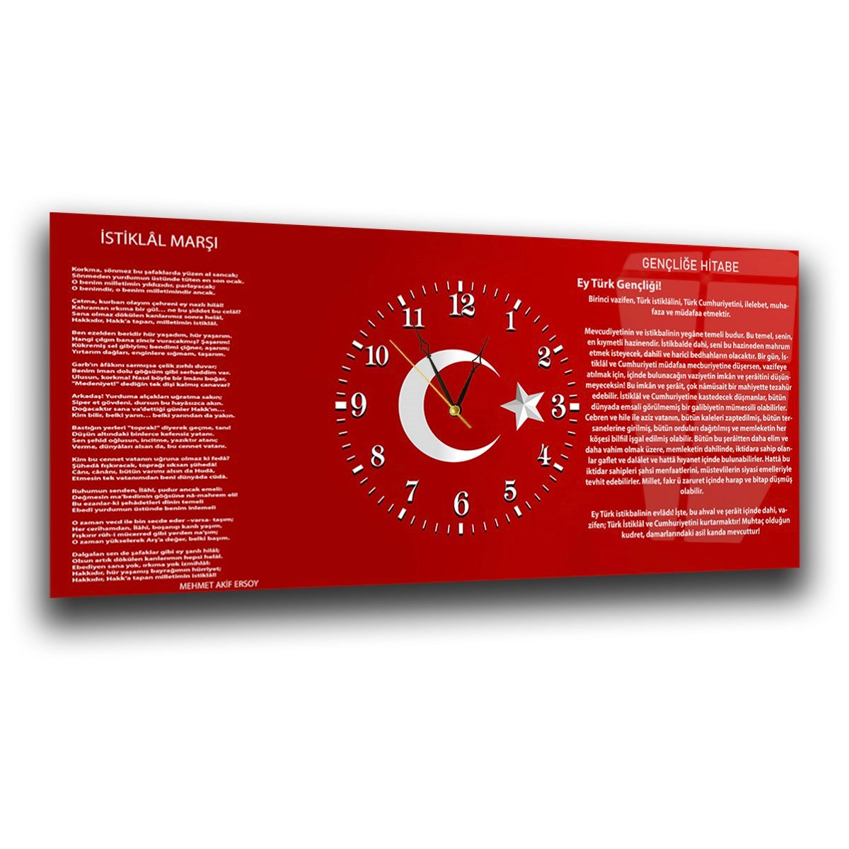 İstiklal Marşı ve Gençliğe Hitabe Yatay Ortadan Saatli  Vatan Temalı Cam Tablo 001