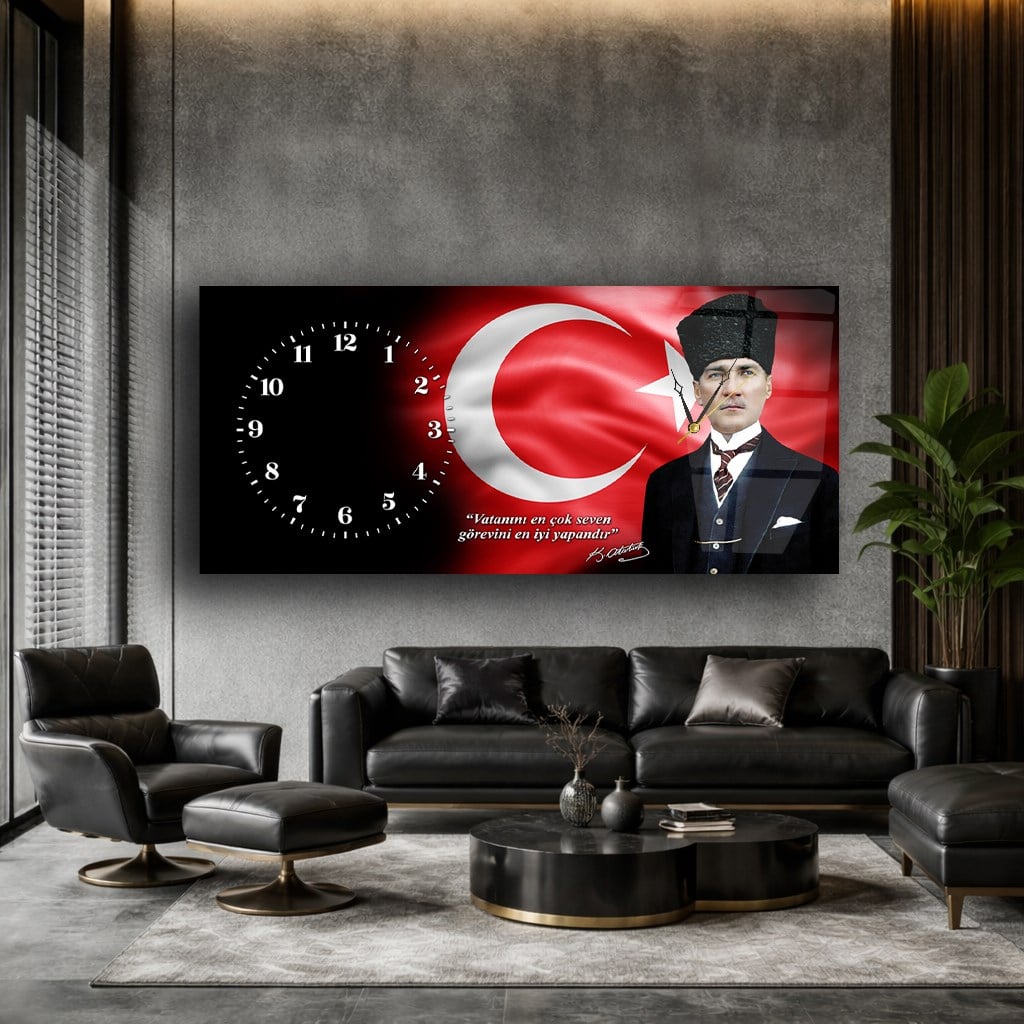Yatay Saatli Yandan Vatan Temalı Cam Tablo 030
