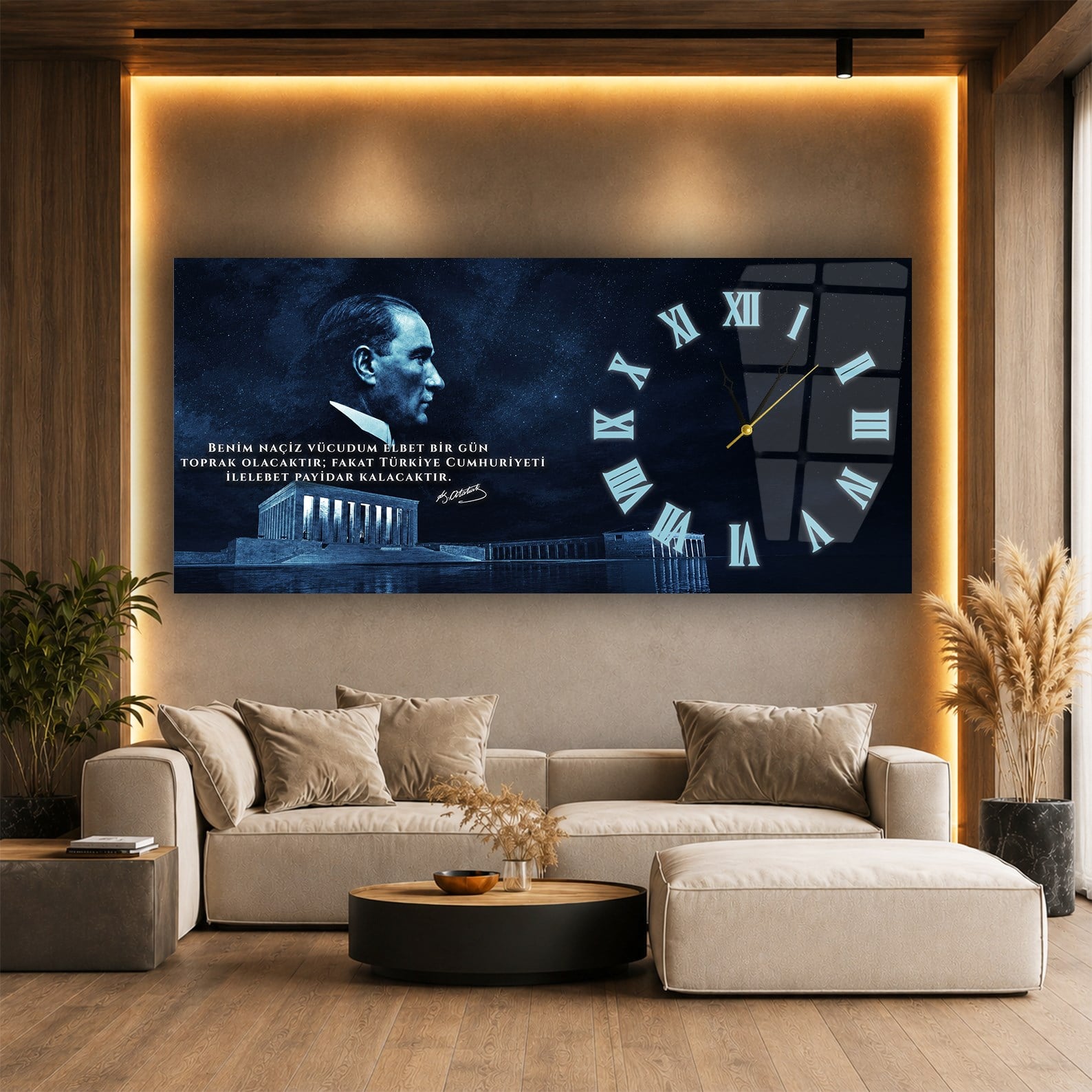 Türk Bayrağı Saatli Cam Tablo Yatay Saatli Yandan Vatan Temalı Cam Tablo 005