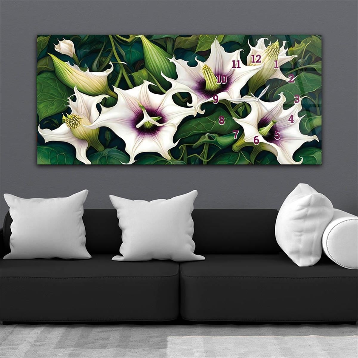 Lily flower patterned Side-Clock, Art And Nature-Themed Horizontal Glass Wall Painting 234