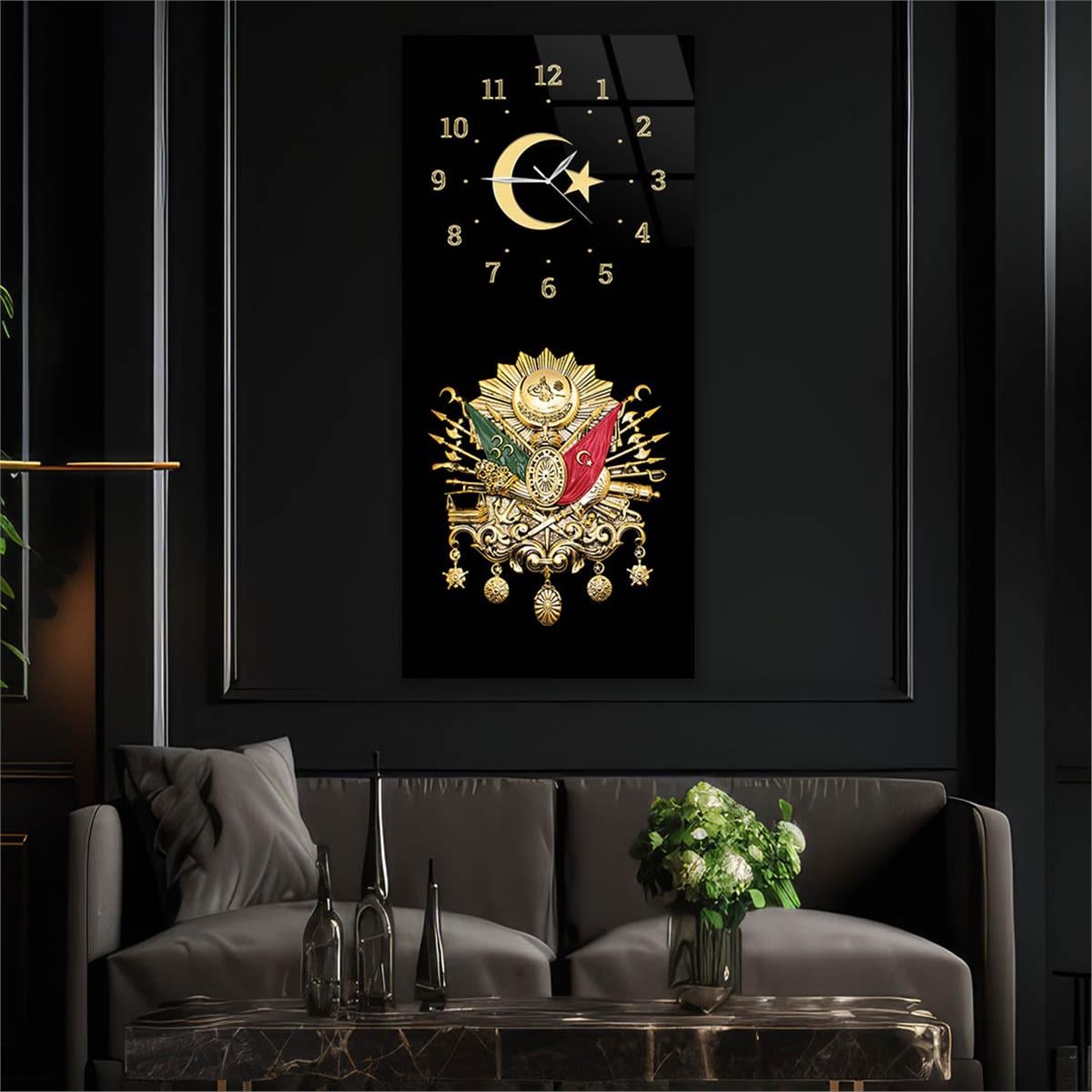 Vertical National Themed Glass Wall Art with Clock at the Top 020
