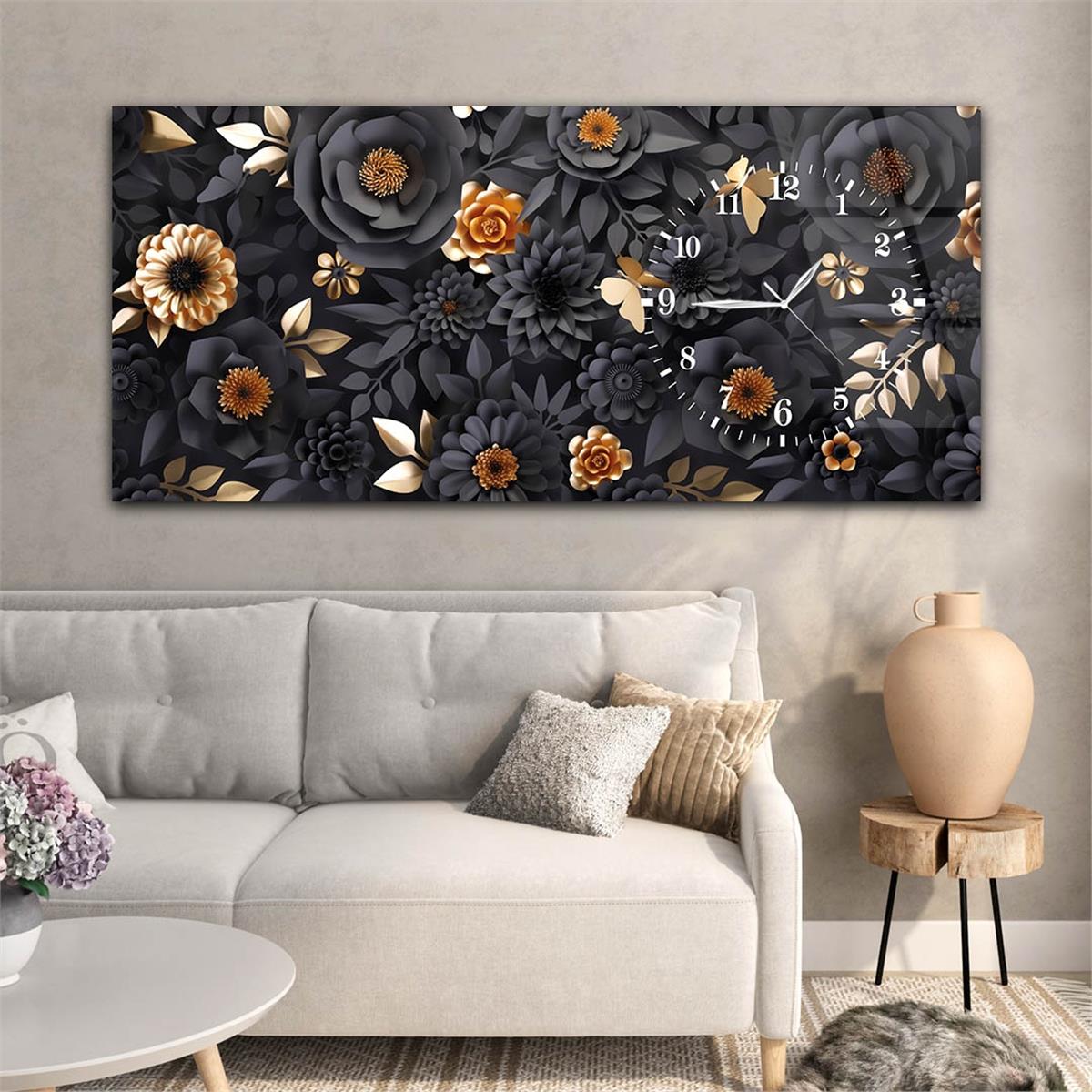 Tableau en verre à thème art et nature avec horloge latérale horizontale 047