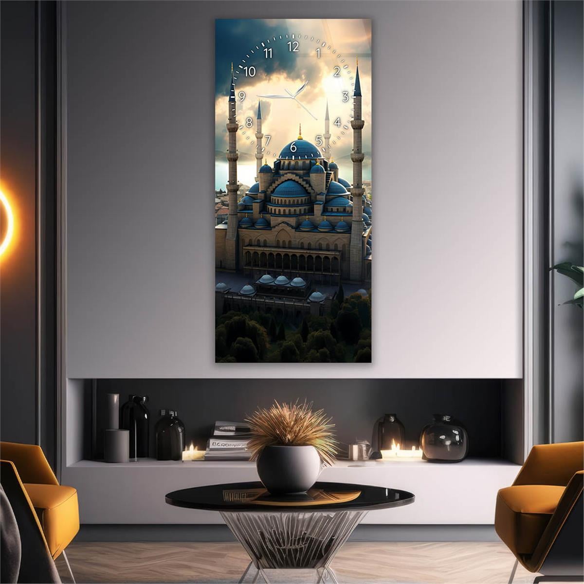 Vertical Religious Themed Glass Wall Art with Clock at the Top  020