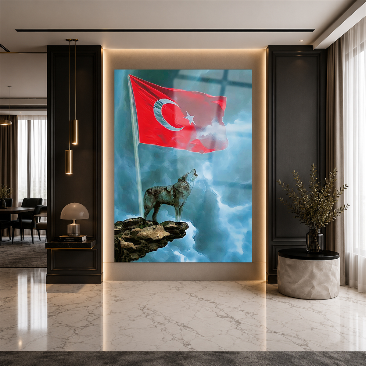 TÜRK BAYRAĞI VE KURT GÖRSELLİ CAM TABLO 