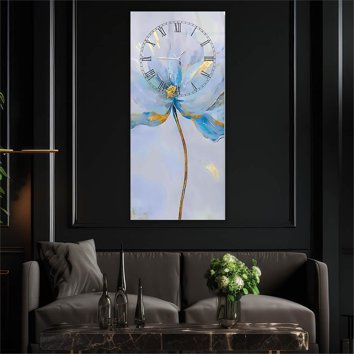 Tableau en verre à thème art et nature vertical avec horloge en haut 074