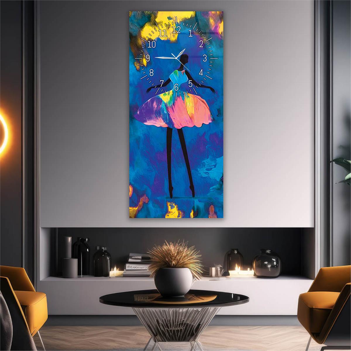 Tableau en verre à thème art et nature vertical avec horloge en haut 058