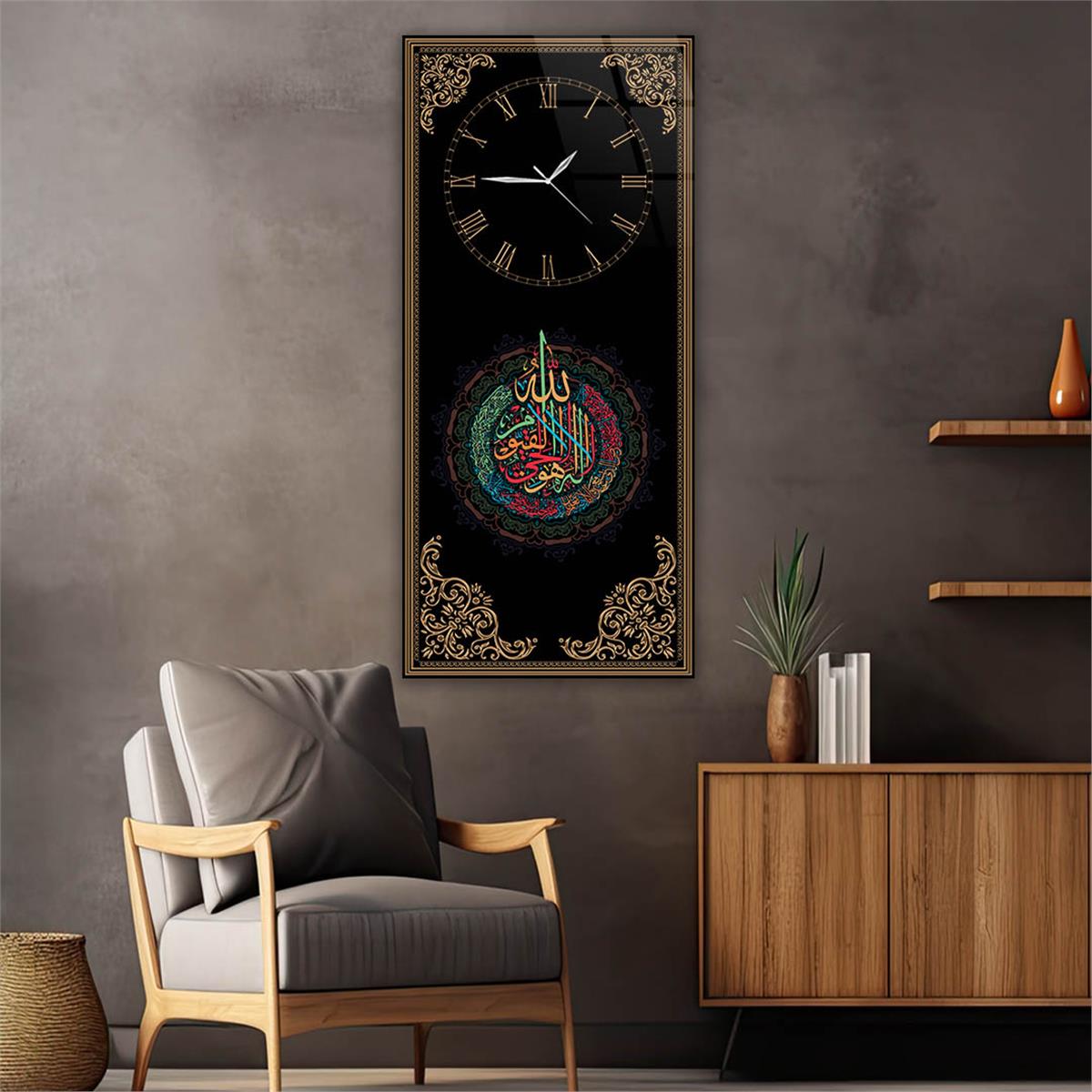 Tableau en verre à thème religieux vertical avec horloge en haut 031