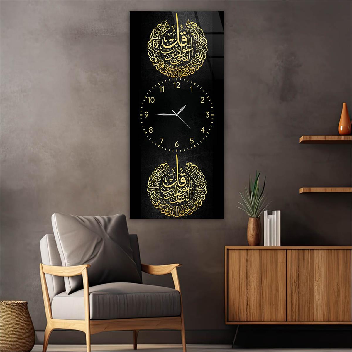 Vertical Religious Themed Glass Wall Art with Clock at the Center 001