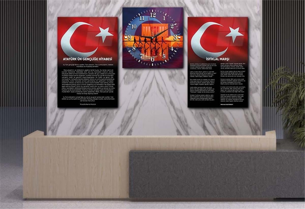 Atatürk and Independence March Glass Wall Art Set with Clock