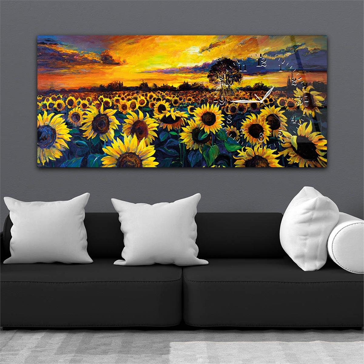 Tableau en verre à thème art et nature avec horloge latérale horizontale 046
