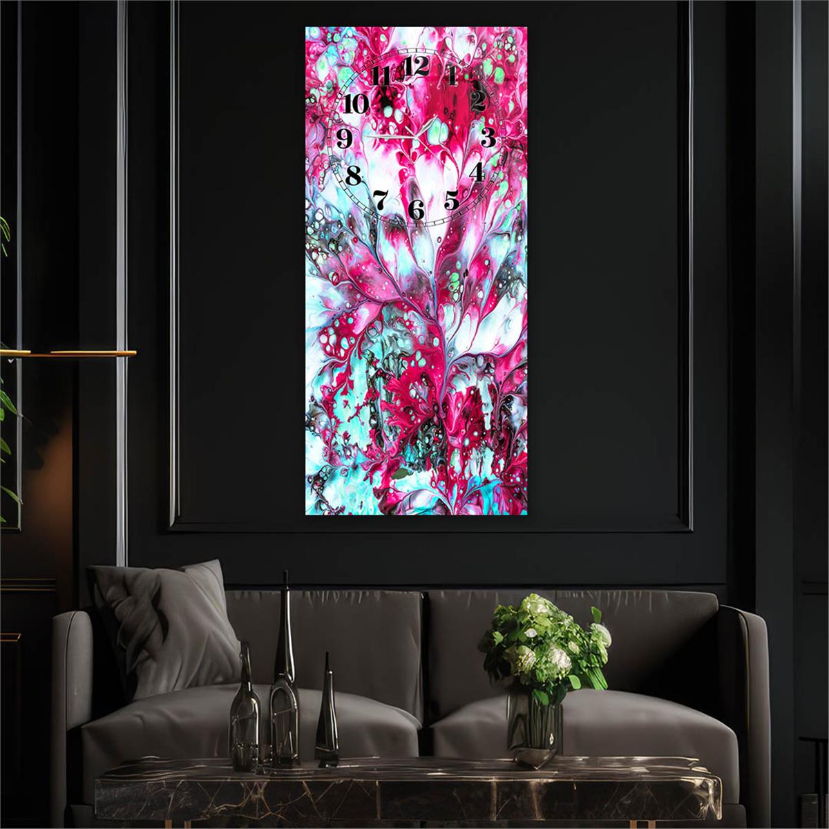 Vertical Art Themed Glass Wall Art with Clock at the Top 015