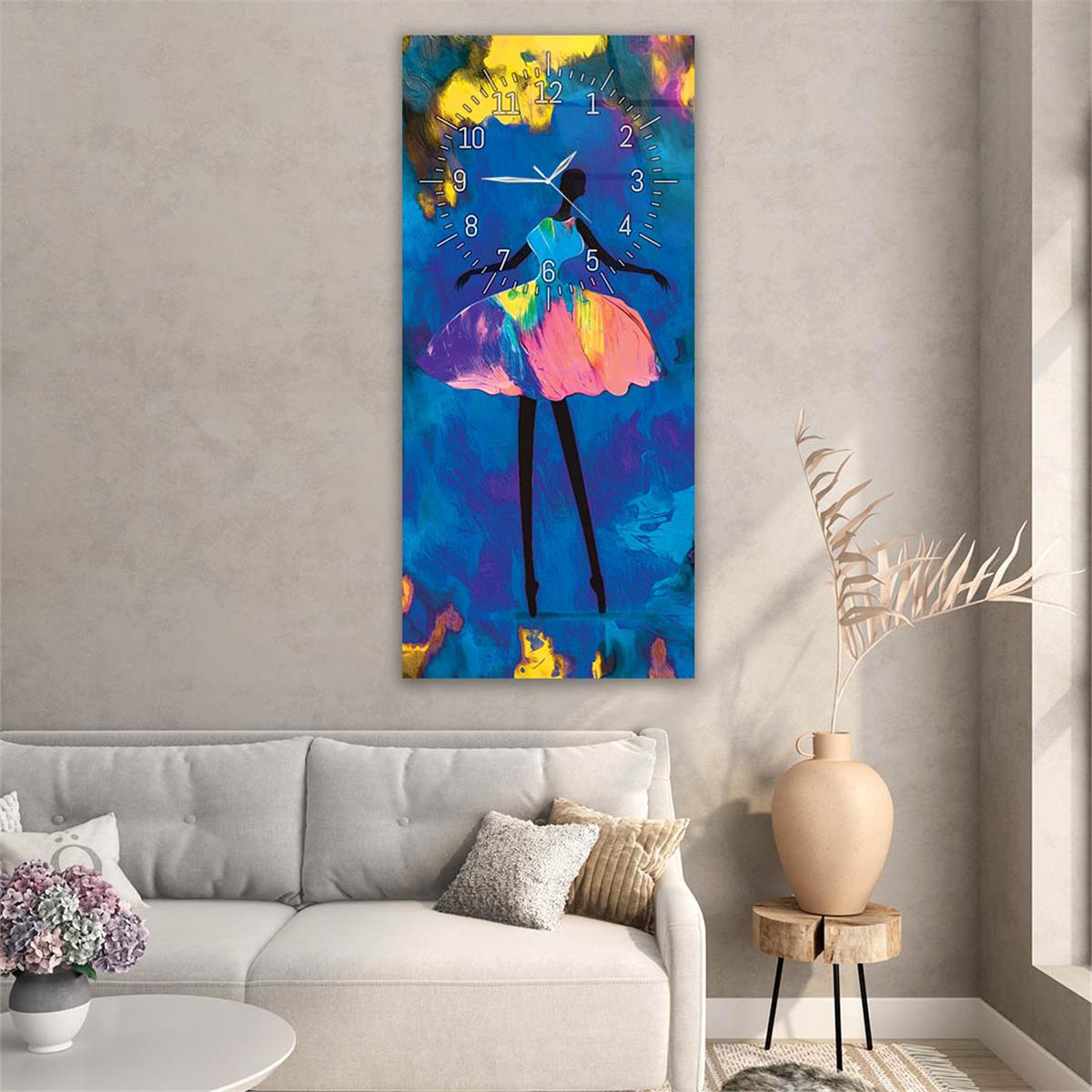 Tableau en verre à thème art et nature vertical avec horloge en haut 058