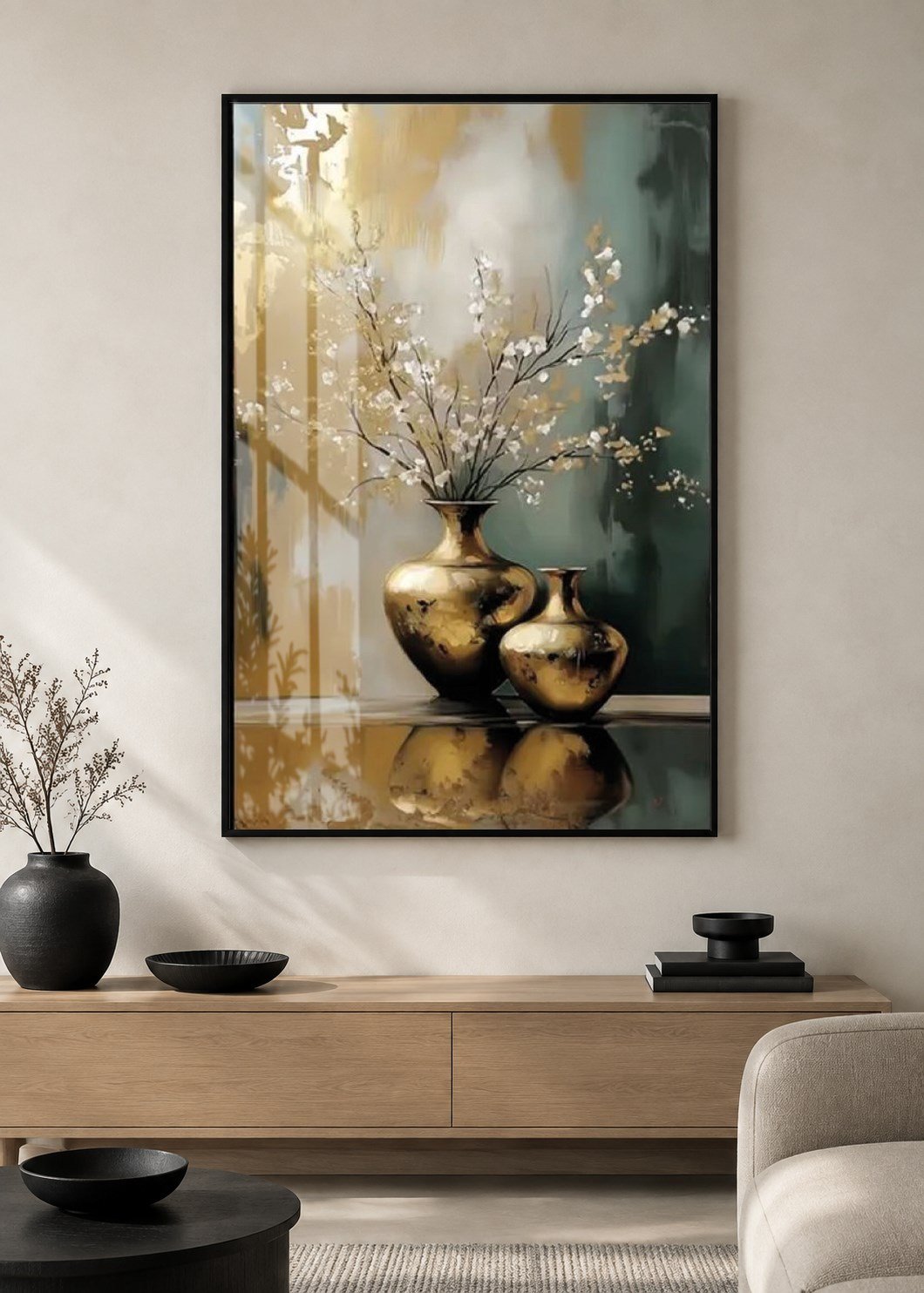 Lüks Gold Vazolar Alüminyum Çerçeveli Modern Cam Duvar Tablosu
