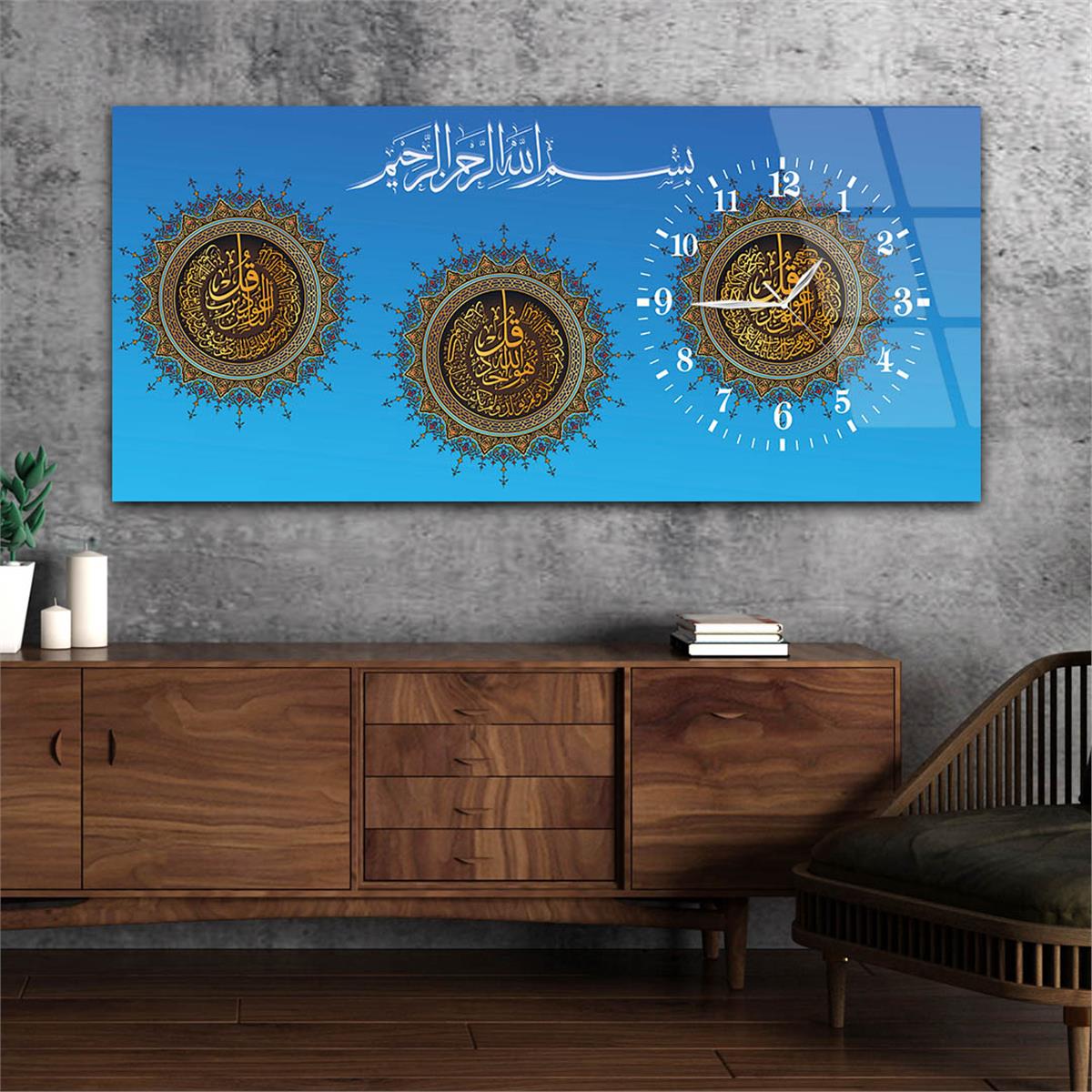 Horizontal bedrucktes Glas mit Religionenthema und einer Uhr an der Seite 056