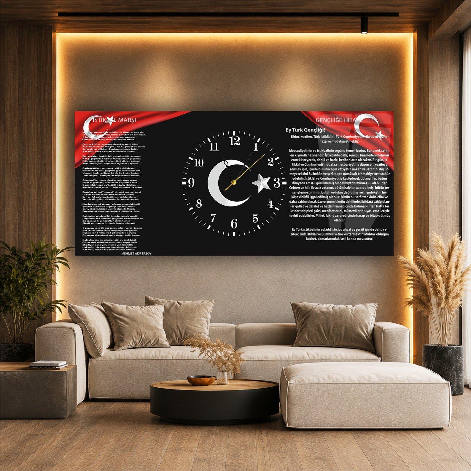 Yatay Ortadan Saatli  Vatan Temalı Cam Tablo 005