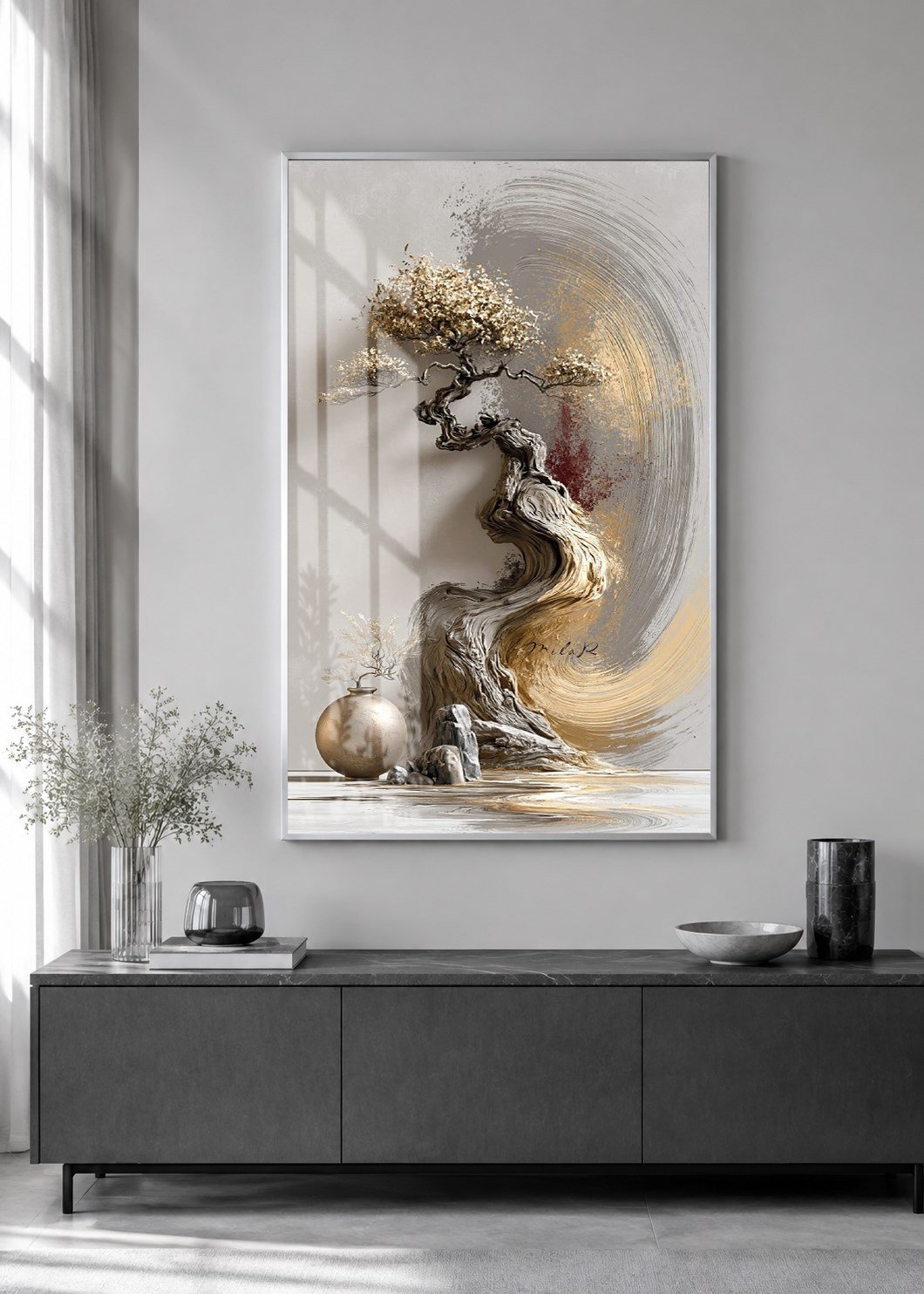 Zen Esintili Gold Bonsai Alüminyum Çerçeveli Modern Cam Duvar Tablosu