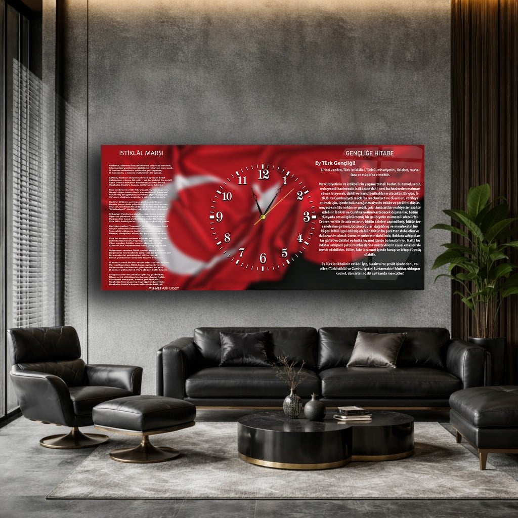 Yatay Ortadan Saatli  Vatan Temalı Cam Tablo 003