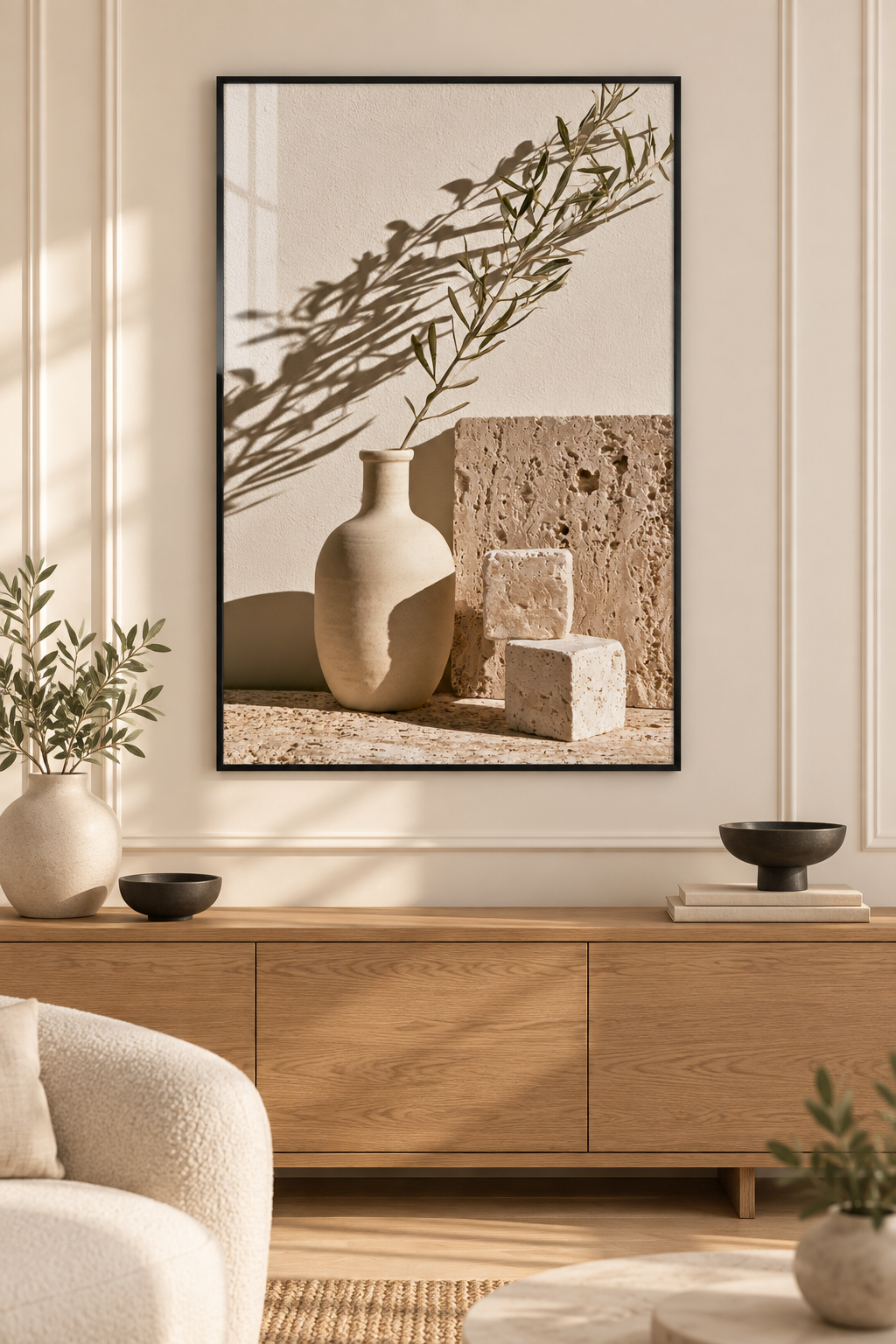 Modern Minimalist Vazo ve Doğal Taş - Gerçek Cama Baskı Alüminyum Metal Çerçeveli Tekli Cam Tablo