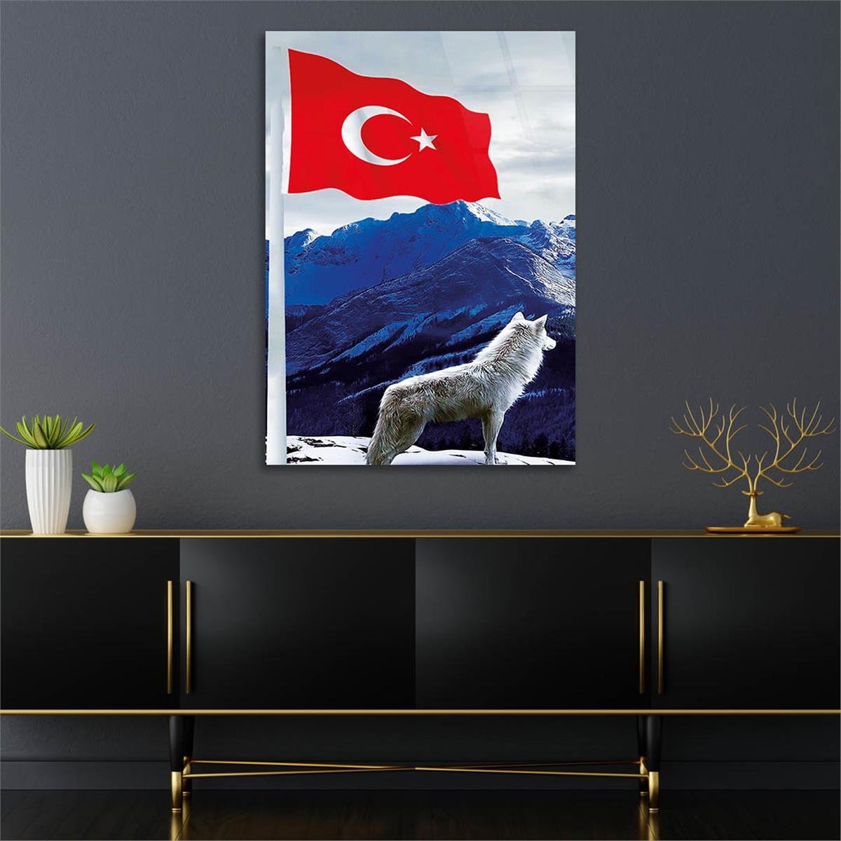 Turkish Flag and Wolf Tempered Glass Wall Art 