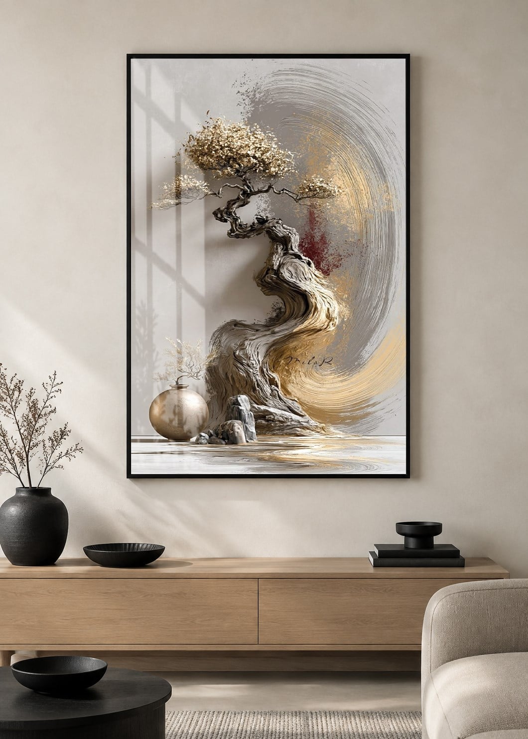 Zen Esintili Gold Bonsai Alüminyum Çerçeveli Modern Cam Duvar Tablosu