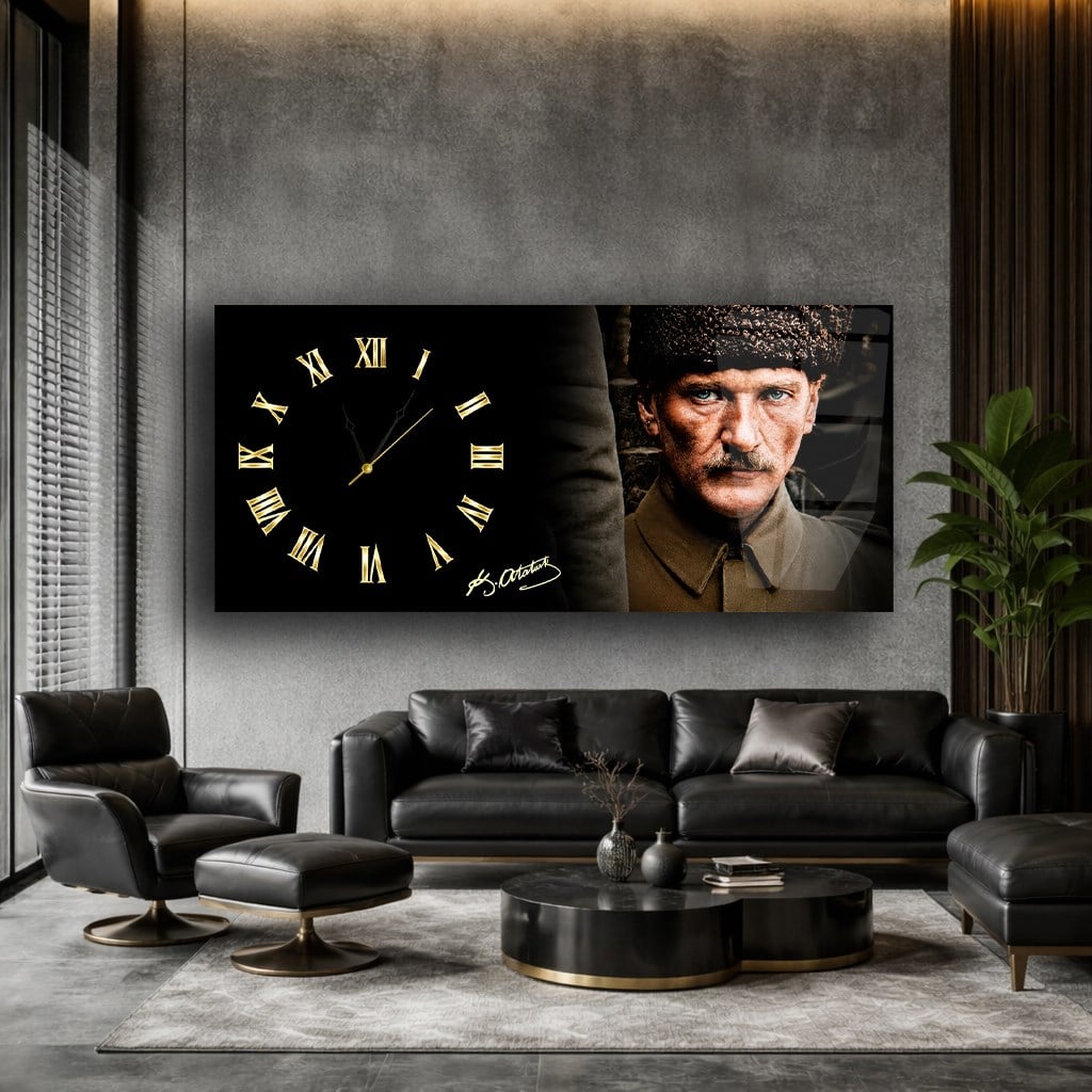 Yatay Saatli Yandan Vatan Temalı Cam Tablo 010