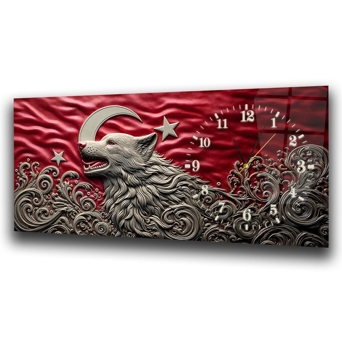 Yatay Saatli Yandan Vatan Temalı Cam Tablo 012