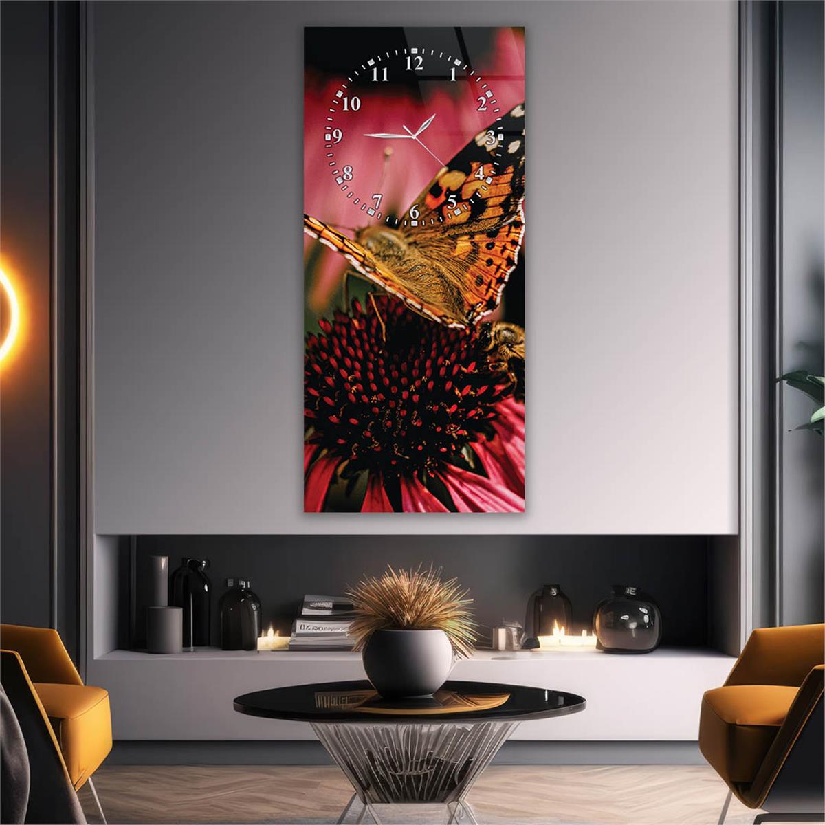 Tableau en verre à thème art et nature vertical avec horloge en haut 067
