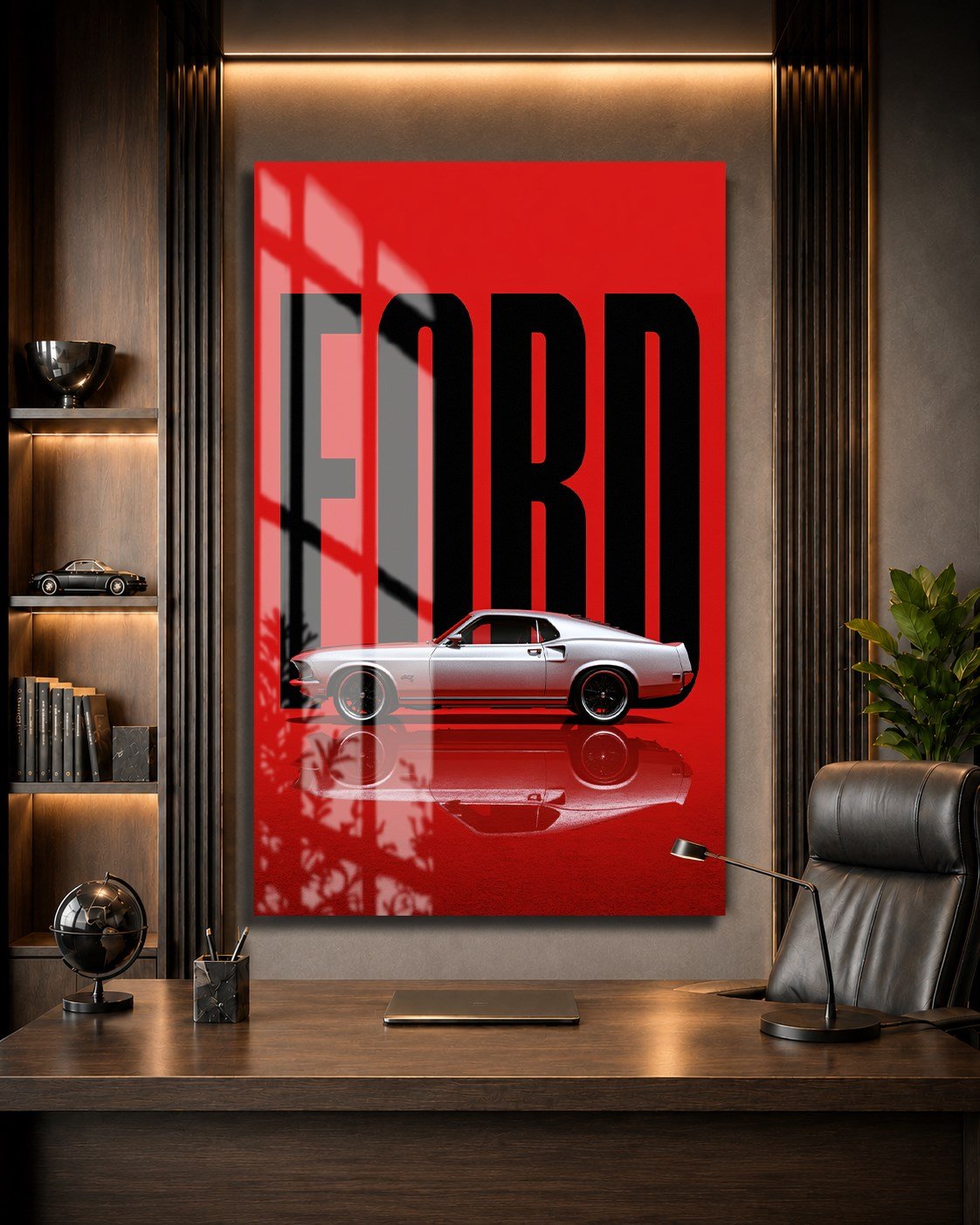 Kırmızı Zemin Klasik Ford Mustang Cam Tablo