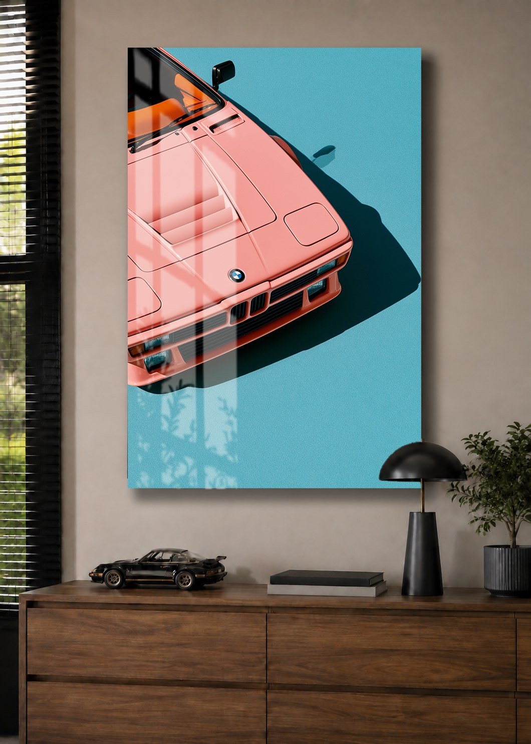 Pembe BMW M1 Klasik Spor Araba Cam Tablo