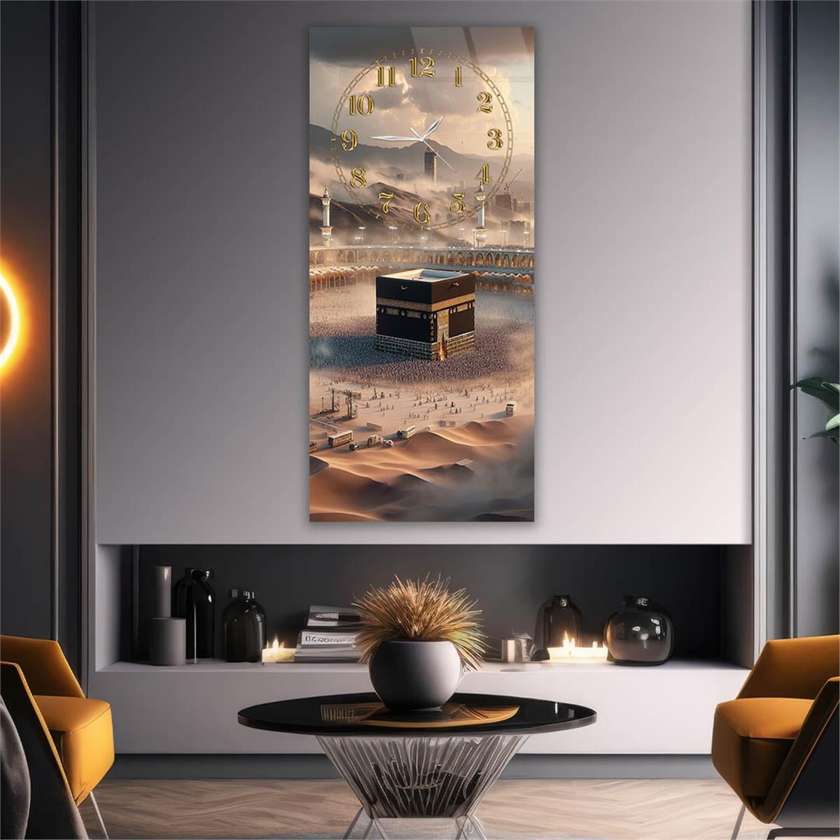 Vertical Religious Themed Glass Wall Art with Clock at the Top  056