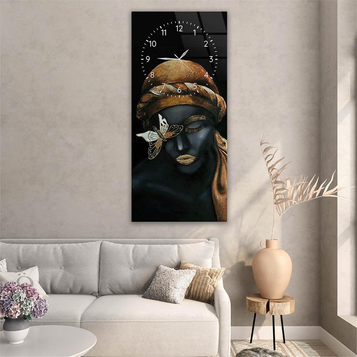Vertical Art Themed Glass Wall Art with Clock at the Top 035