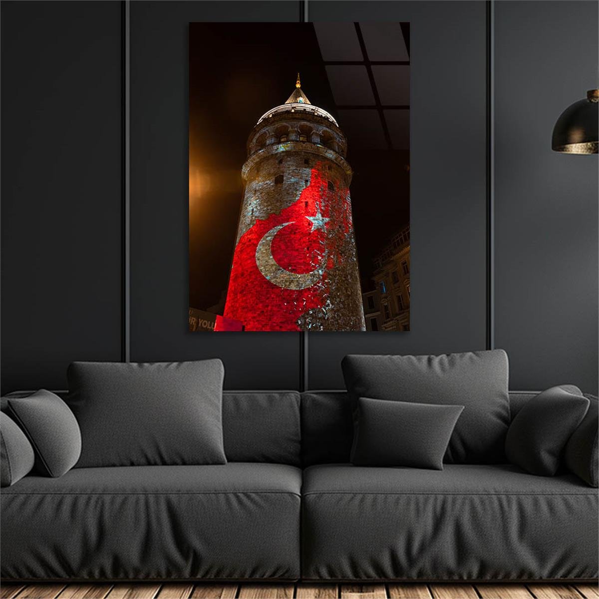 Glass Wall Art with Galata Tower and Turkish Flag