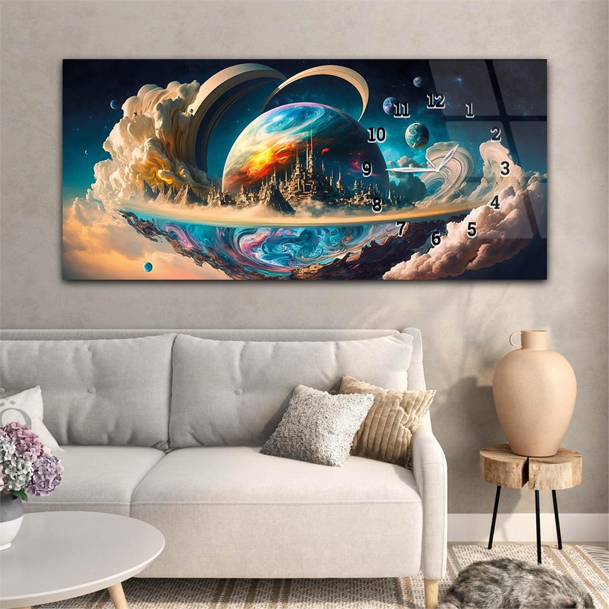 Horizontal bedrucktes Glas mit Kunst und Naturthema und einer Uhr an der Seite 209