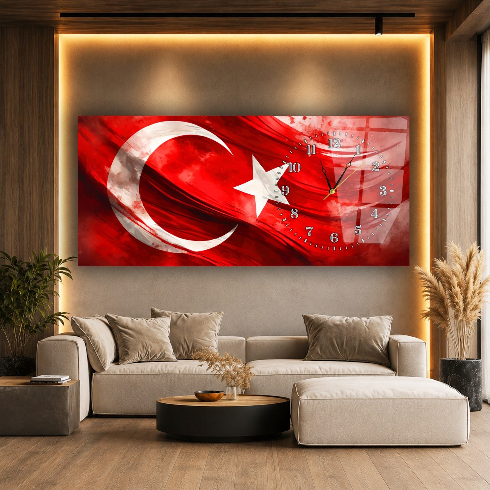Yatay Saatli Yandan Vatan Temalı Cam Tablo 028
