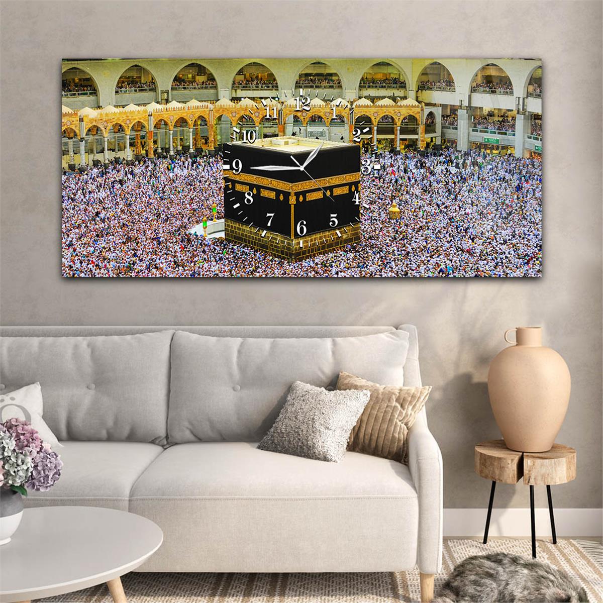 Yatay Ortadan Saatli  Dini Temalı Cam Tablo 017