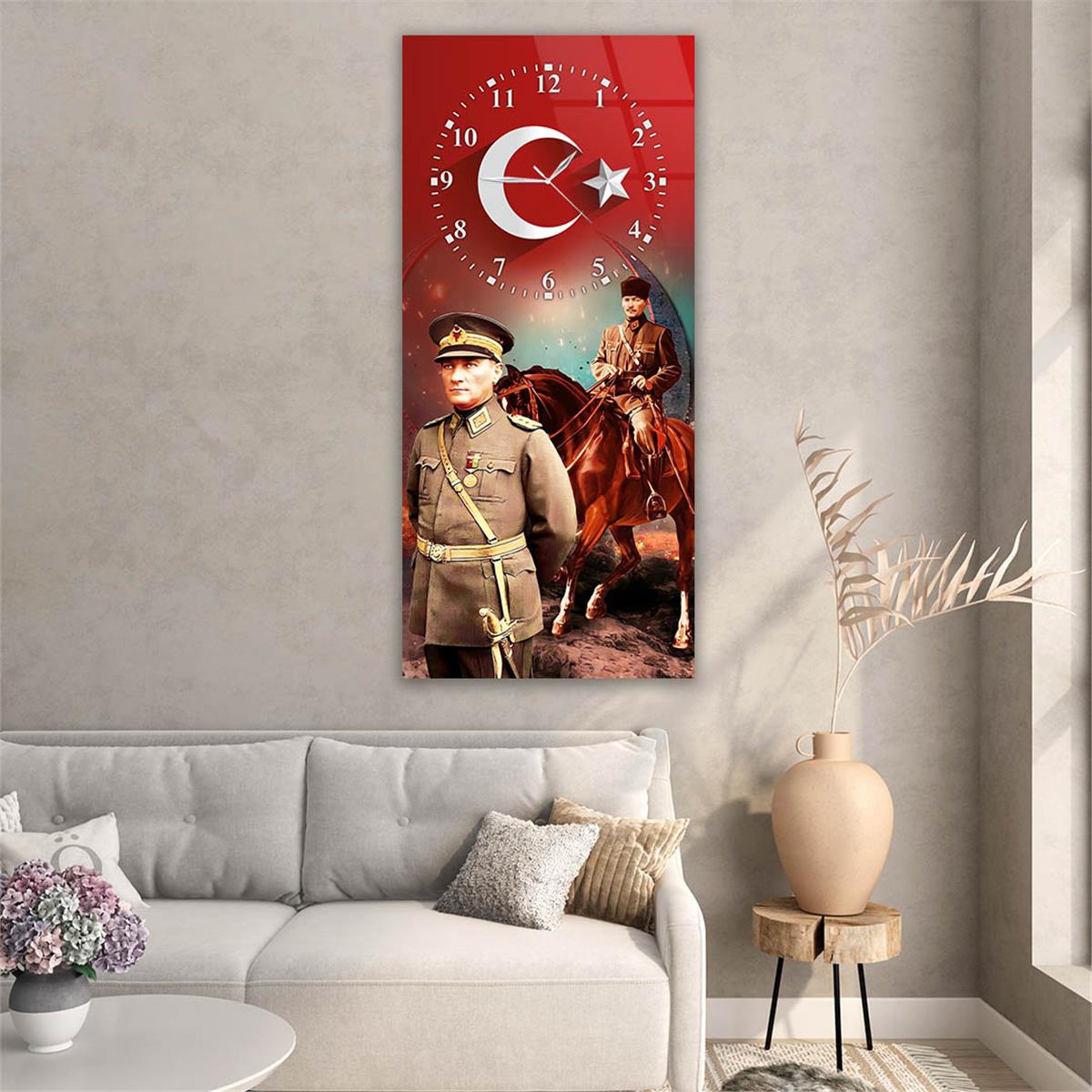 Vertical National Themed Glass Wall Art with Clock at the Top 022