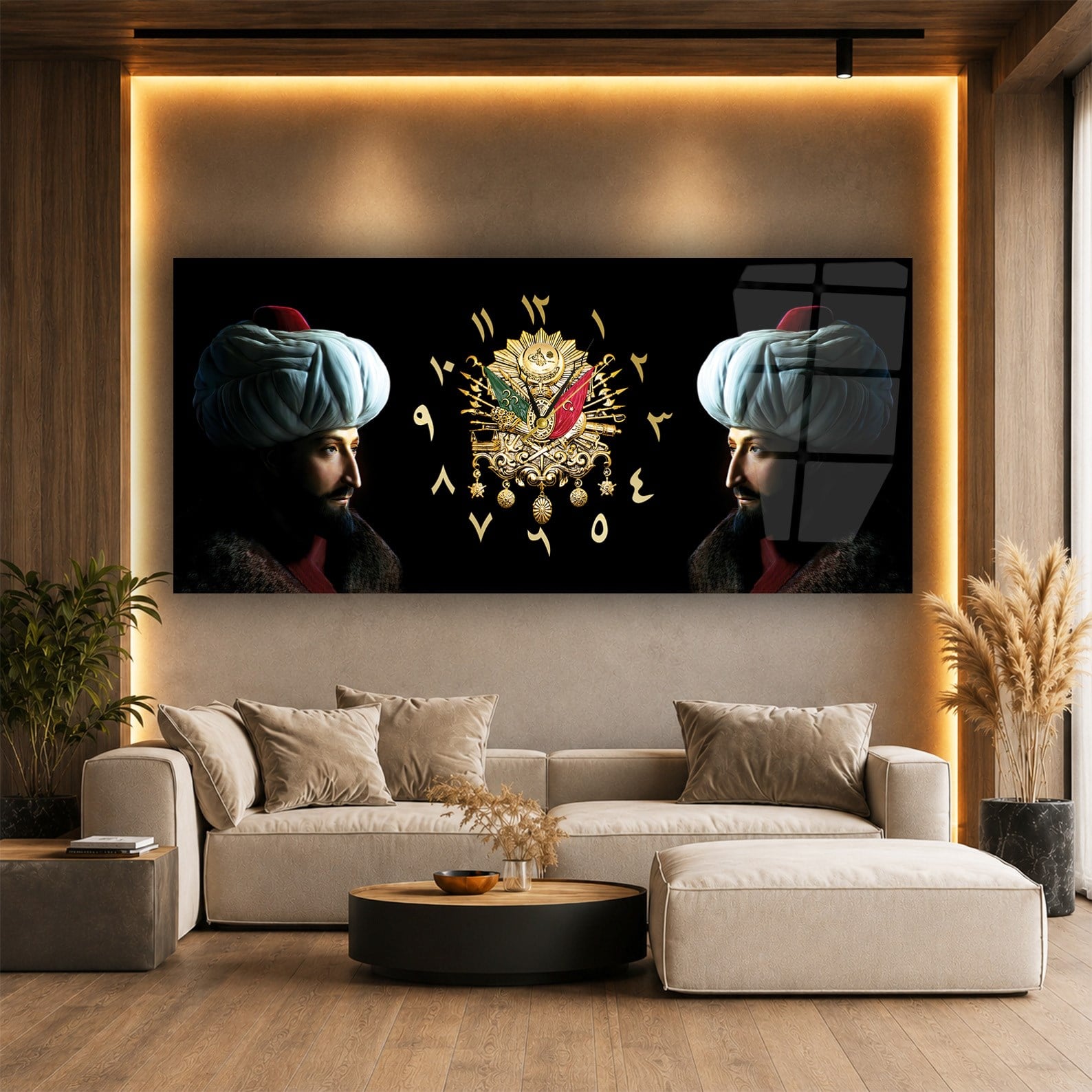 Fatih Sultan Mehmet ve Osmanlı Tuğralı Saatli Cam Tablo 078