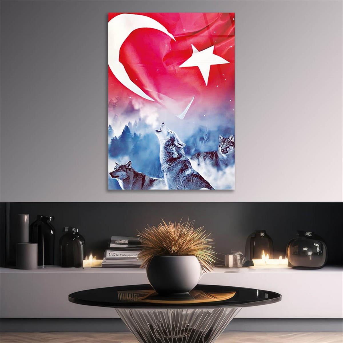 Turkish Flag and Wolf Tempered Glass Wall Art 