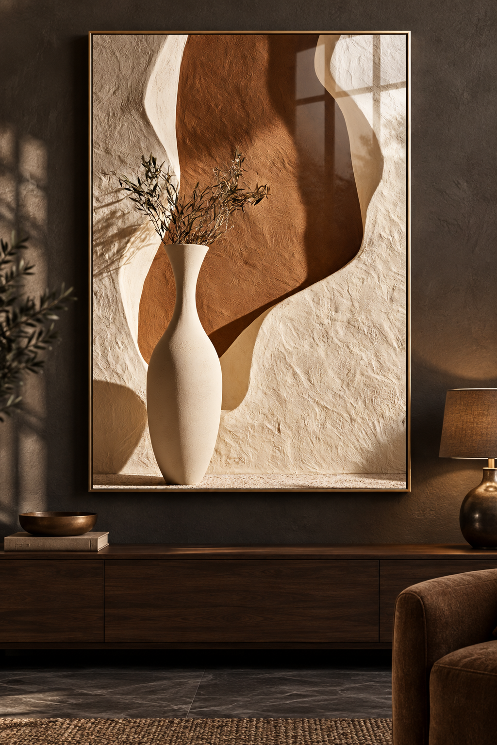 Toprak Tonlu Dokulu Vazoda Zeytin Dalı - Gerçek Cama Baskı Gold Alüminyum Metal Çerçeveli Tekli Cam Tablo