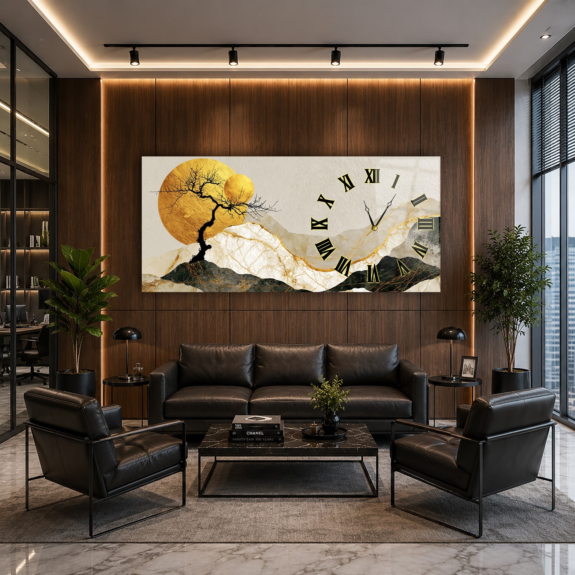 Yatay Saatli Yandan Sanat Temalı Cam Tablo 365