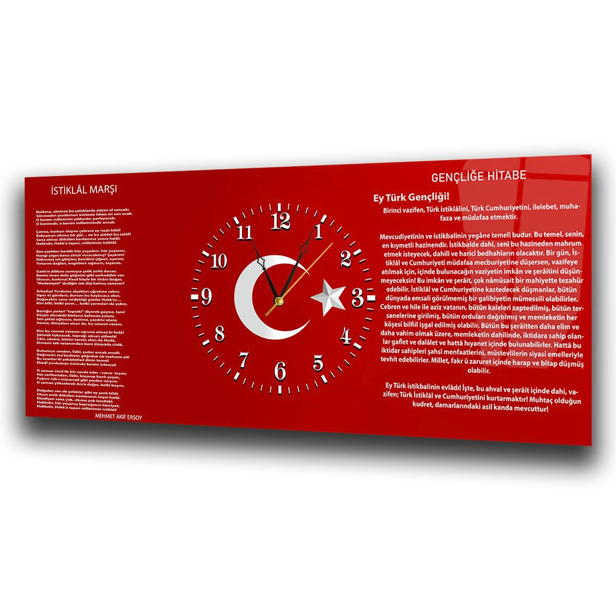 İstiklal Marşı ve Gençliğe Hitabe Yatay Ortadan Saatli  Vatan Temalı Cam Tablo 001