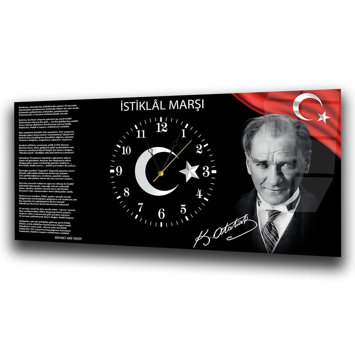 Yatay Ortadan Saatli  Vatan Temalı Cam Tablo 014