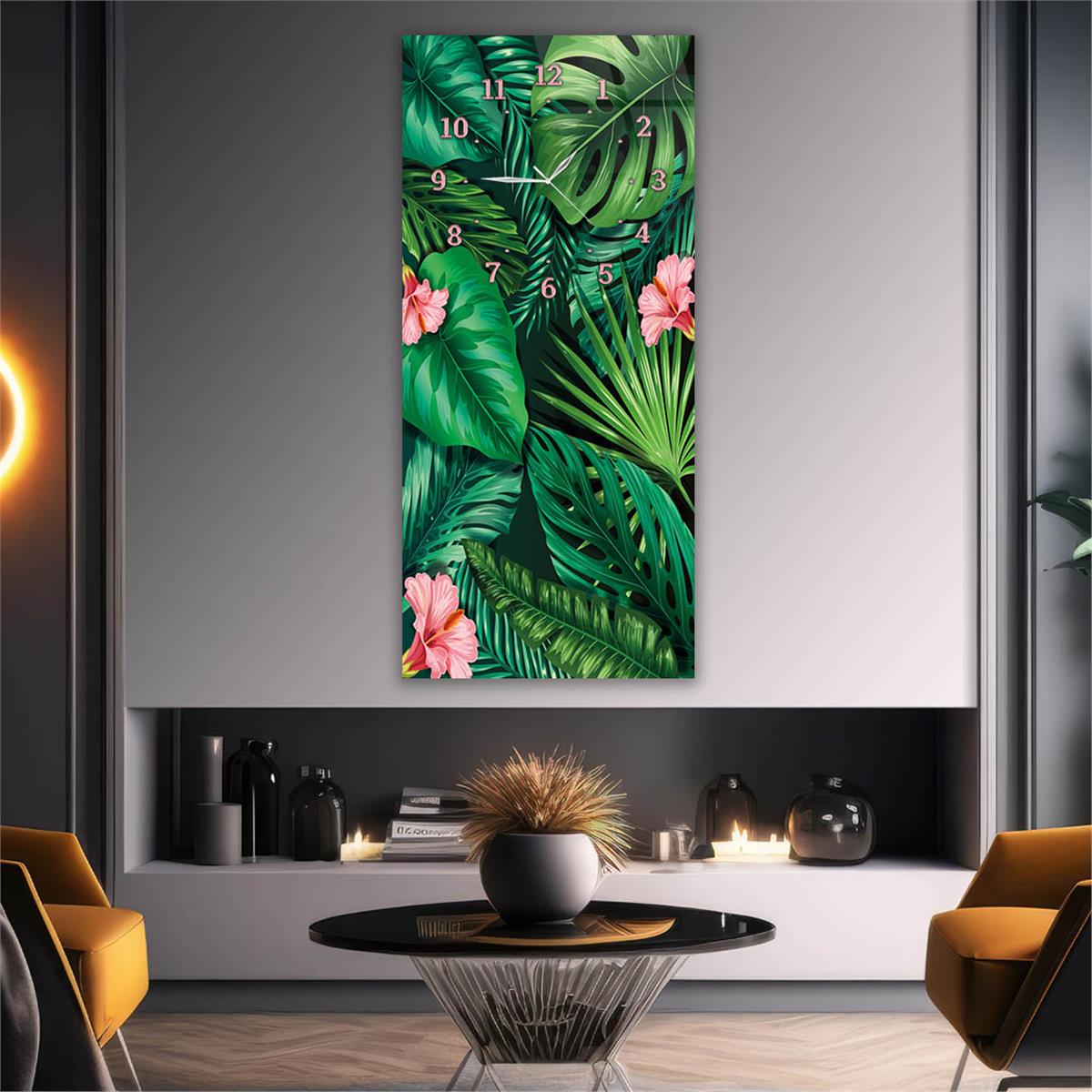 Tableau en verre à thème art et nature vertical avec horloge en haut 043