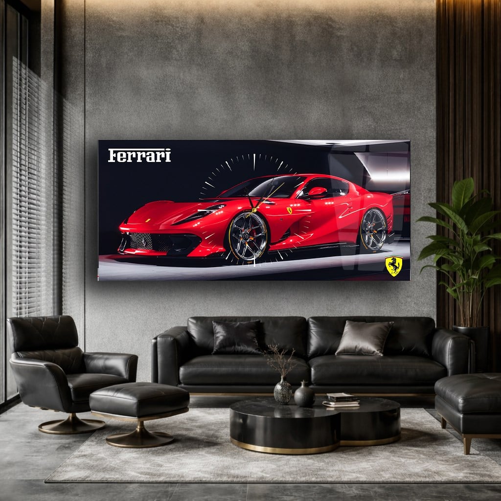 Yatay Saatli Ortadan Araba Temalı Cam Tablo 001
