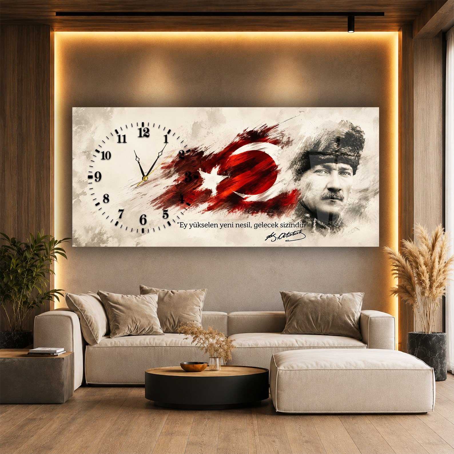 Yatay Saatli Yandan Vatan Temalı Cam Tablo 009