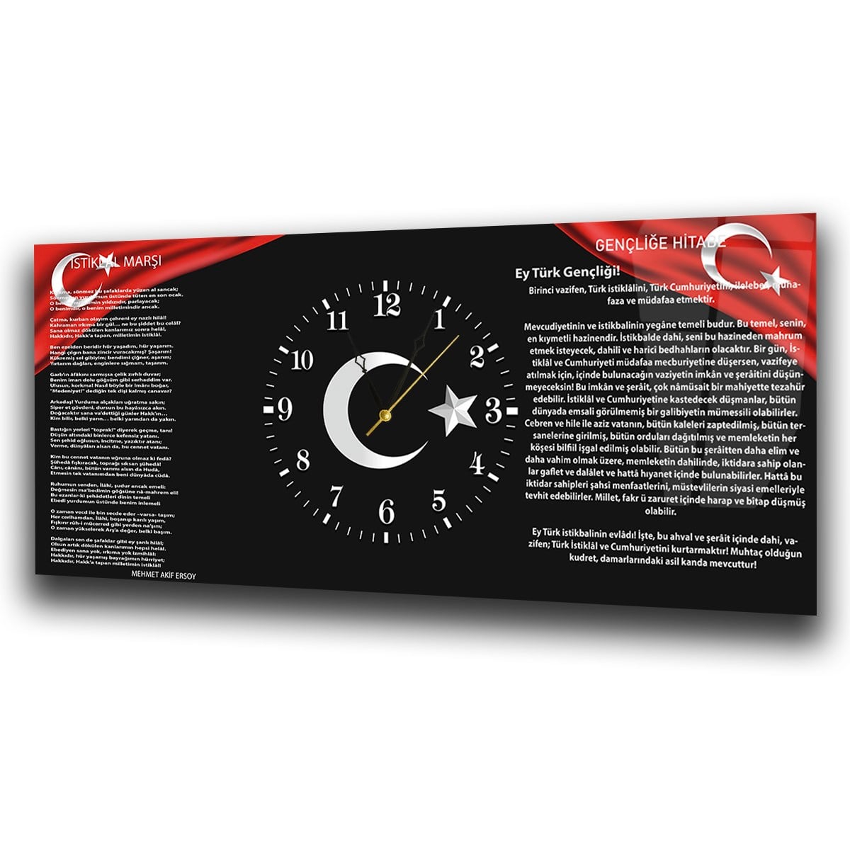 Yatay Ortadan Saatli  Vatan Temalı Cam Tablo 005